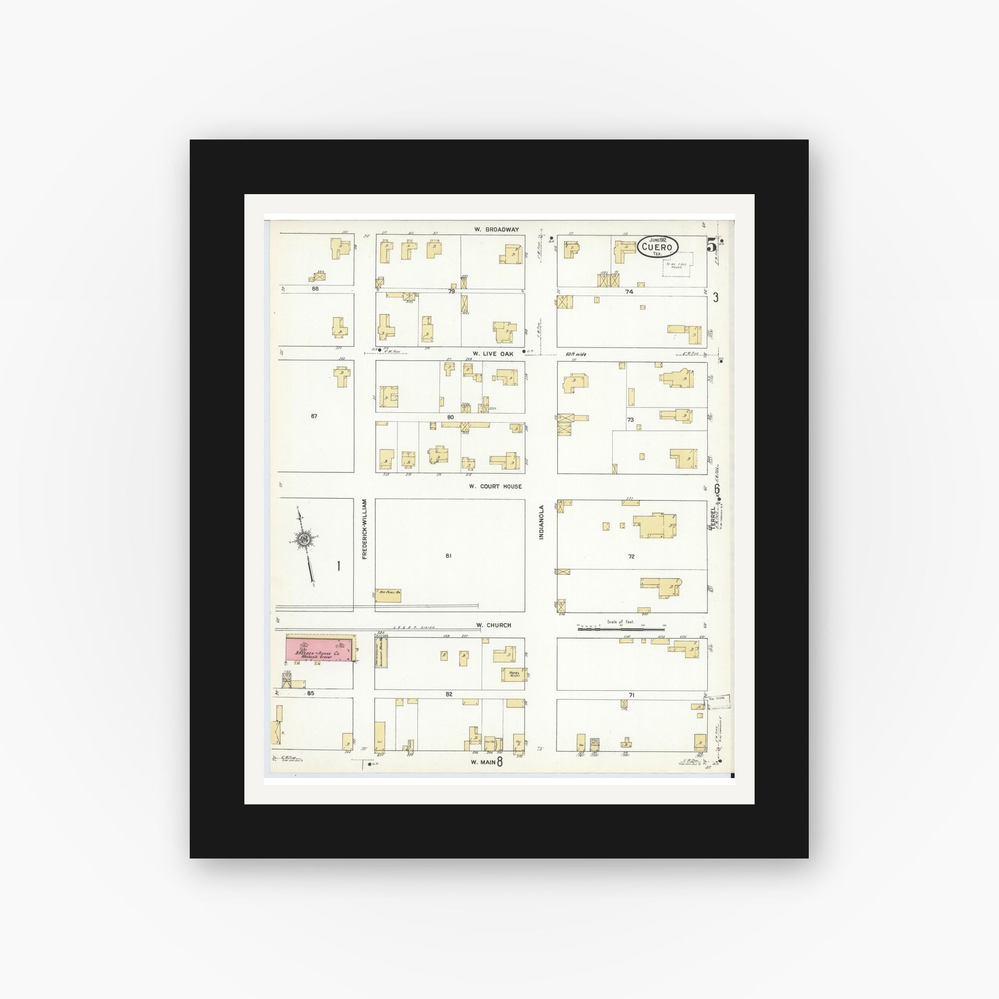 Old map wall art mockup — black gallery frame with white mat — Sanborn Fire Insurance Map from Cuero, De Witt County, Texas (1912), Sheet #0005