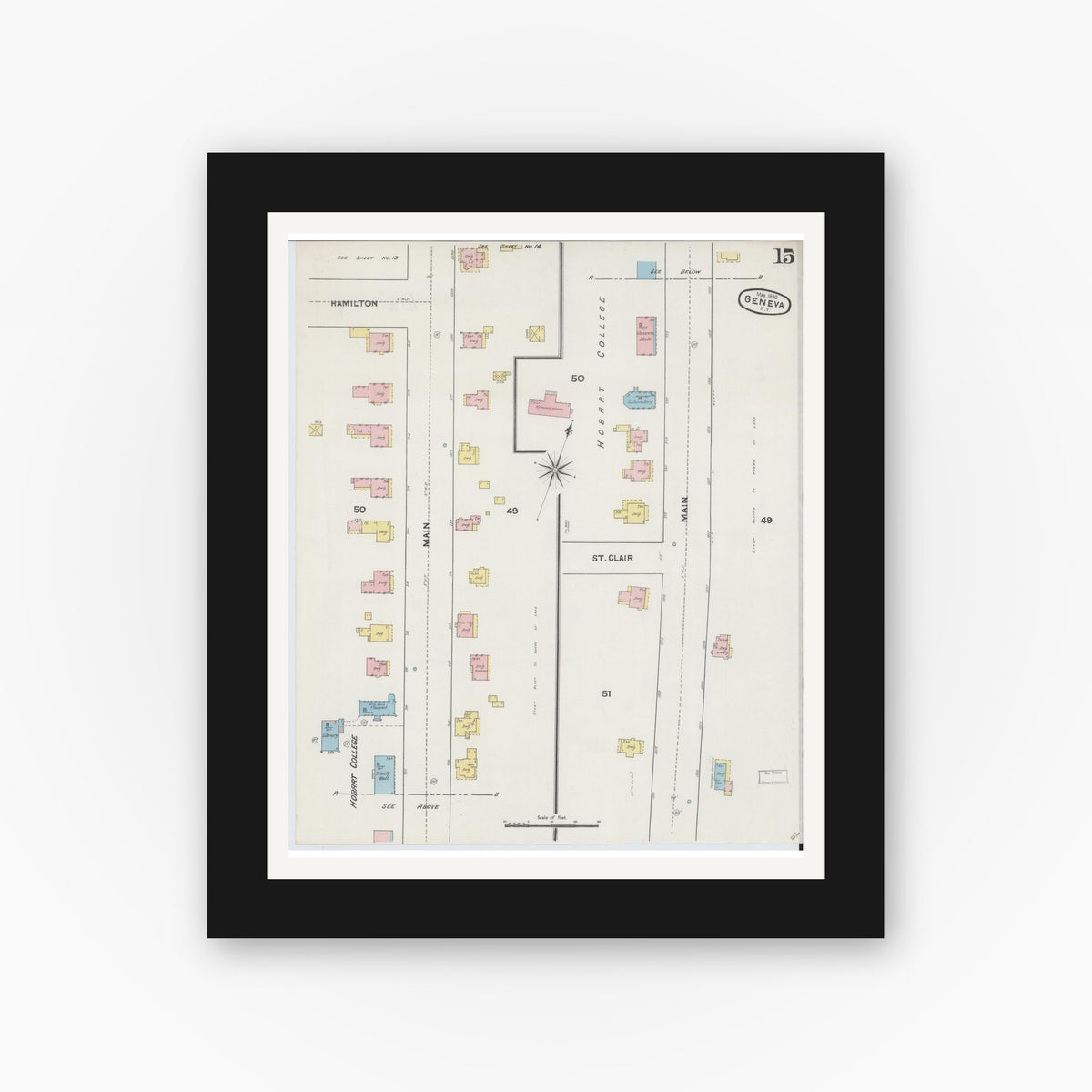 Old map wall art mockup — black gallery frame with white mat — Sanborn Fire Insurance Map from Geneva, Ontario County, New York (1890), Sheet #0015
