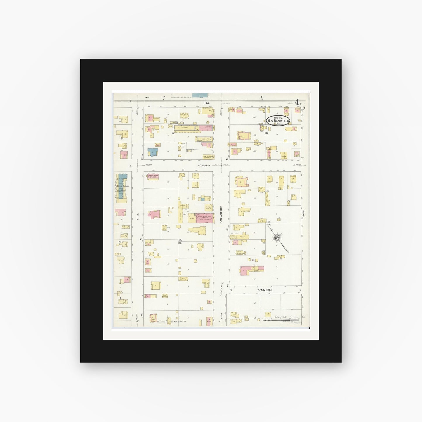 Old map wall art mockup — black gallery frame with white mat — Sanborn Fire Insurance Map from New Braunfels, Comal County, Texas (1912), Sheet #0004