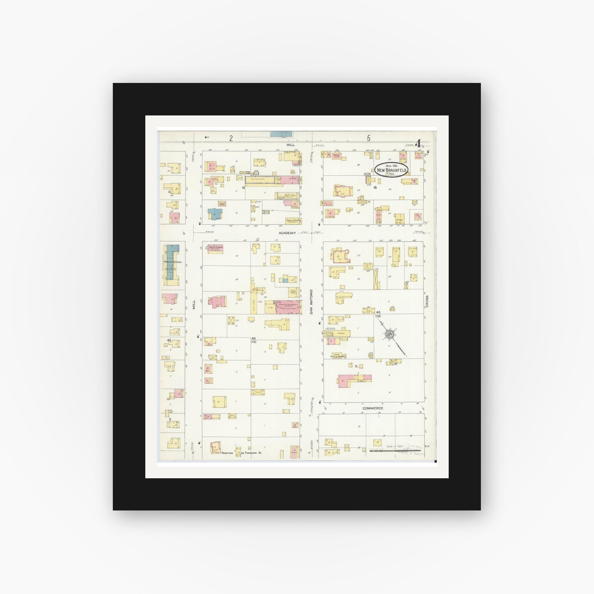 Old map wall art mockup — black gallery frame with white mat — Sanborn Fire Insurance Map from New Braunfels, Comal County, Texas (1912), Sheet #0004