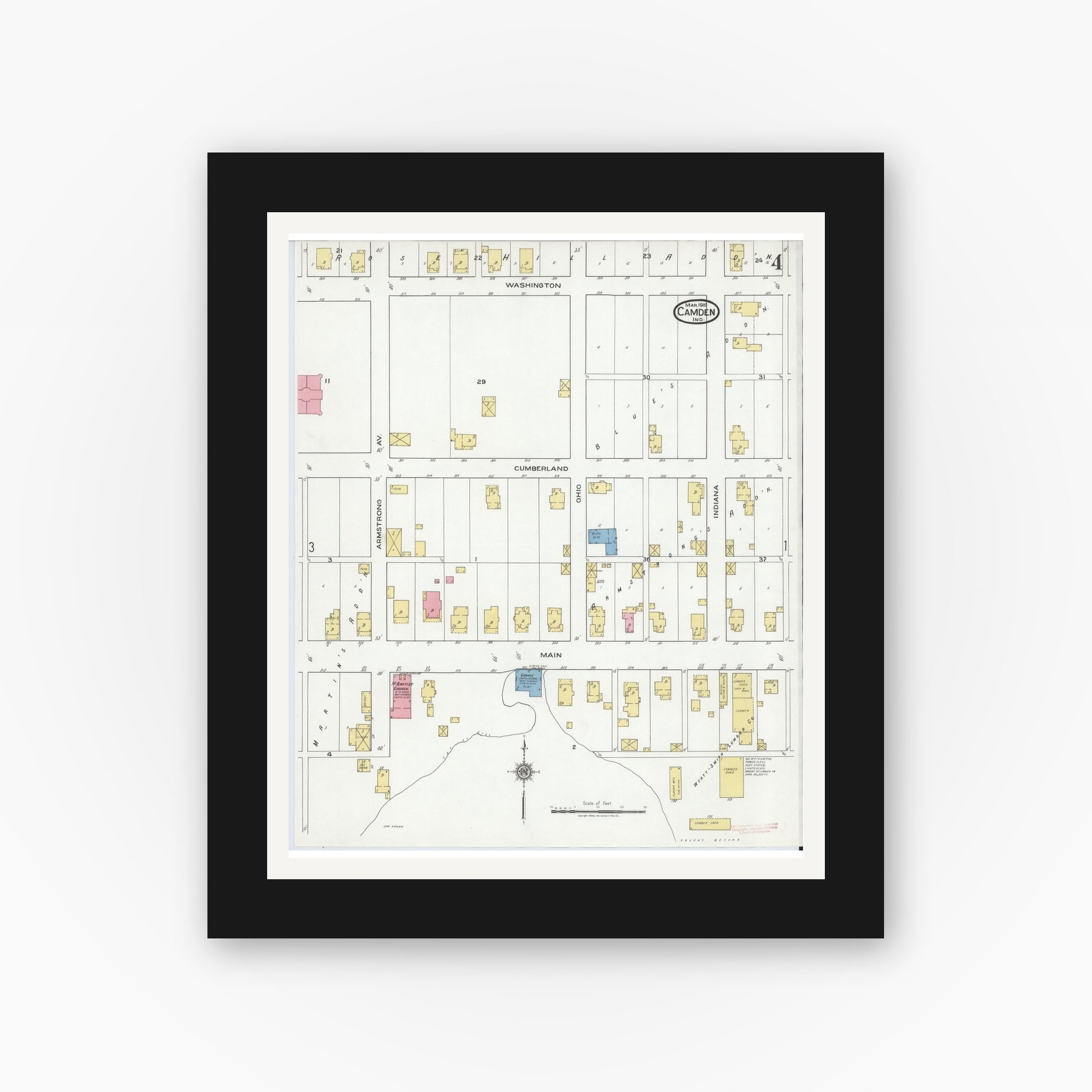 Old map wall art mockup — black gallery frame with white mat — Sanborn Fire Insurance Map from Camden, Carroll County, Indiana (1919), Sheet #0004