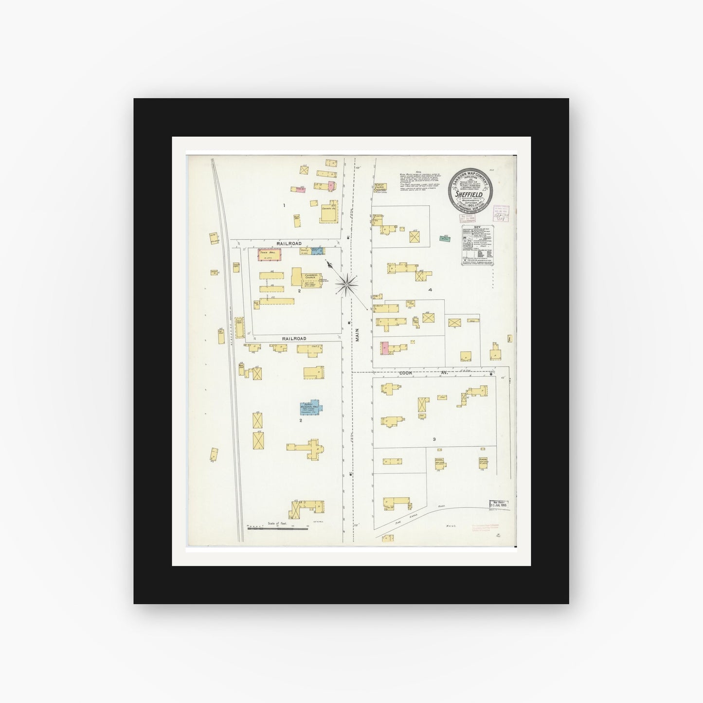Old map wall art mockup — black gallery frame with white mat — Sanborn Fire Insurance Map from Sheffield, Berkshire County, Massachusetts (1905), Sheet #0001