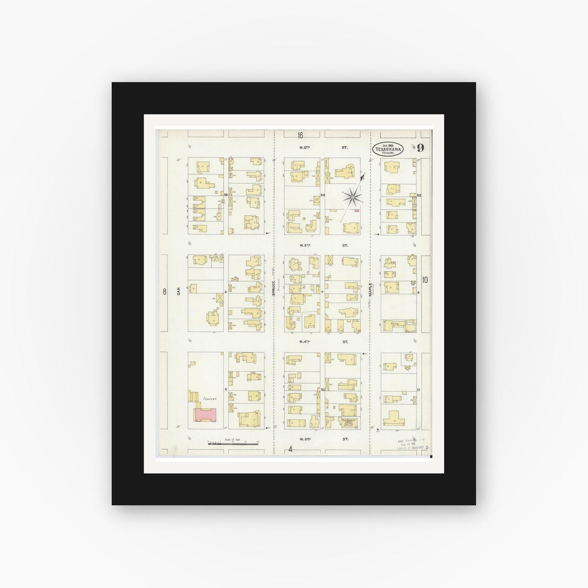 Old map wall art mockup — black gallery frame with white mat — Sanborn Fire Insurance Map from Texarkana, Bowie County, Texas (1905), Sheet #0009