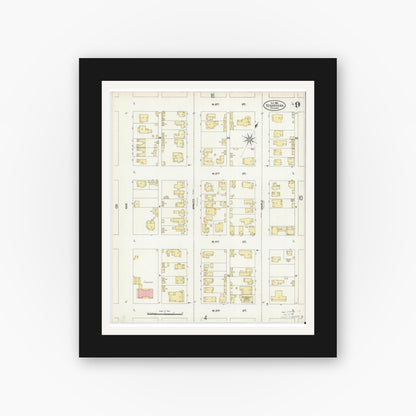Old map wall art mockup — black gallery frame with white mat — Sanborn Fire Insurance Map from Texarkana, Bowie County, Texas (1905), Sheet #0009