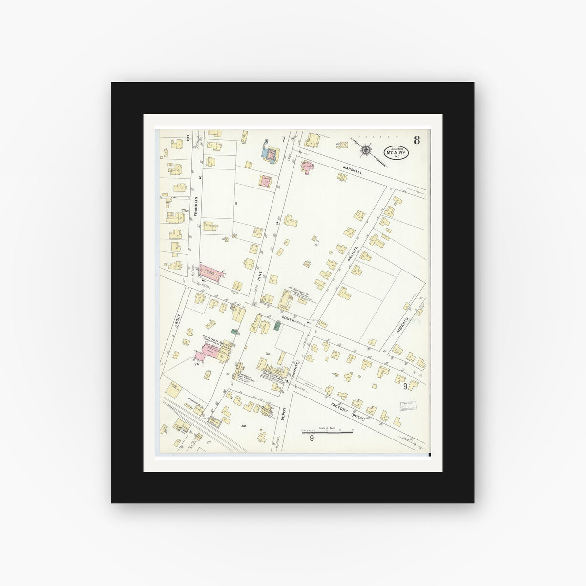 Old map wall art mockup — black gallery frame with white mat — Sanborn Fire Insurance Map from Mount Airy, Surry County, North Carolina (1910), Sheet #0008