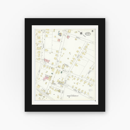 Old map wall art mockup — black gallery frame with white mat — Sanborn Fire Insurance Map from Mount Airy, Surry County, North Carolina (1910), Sheet #0008