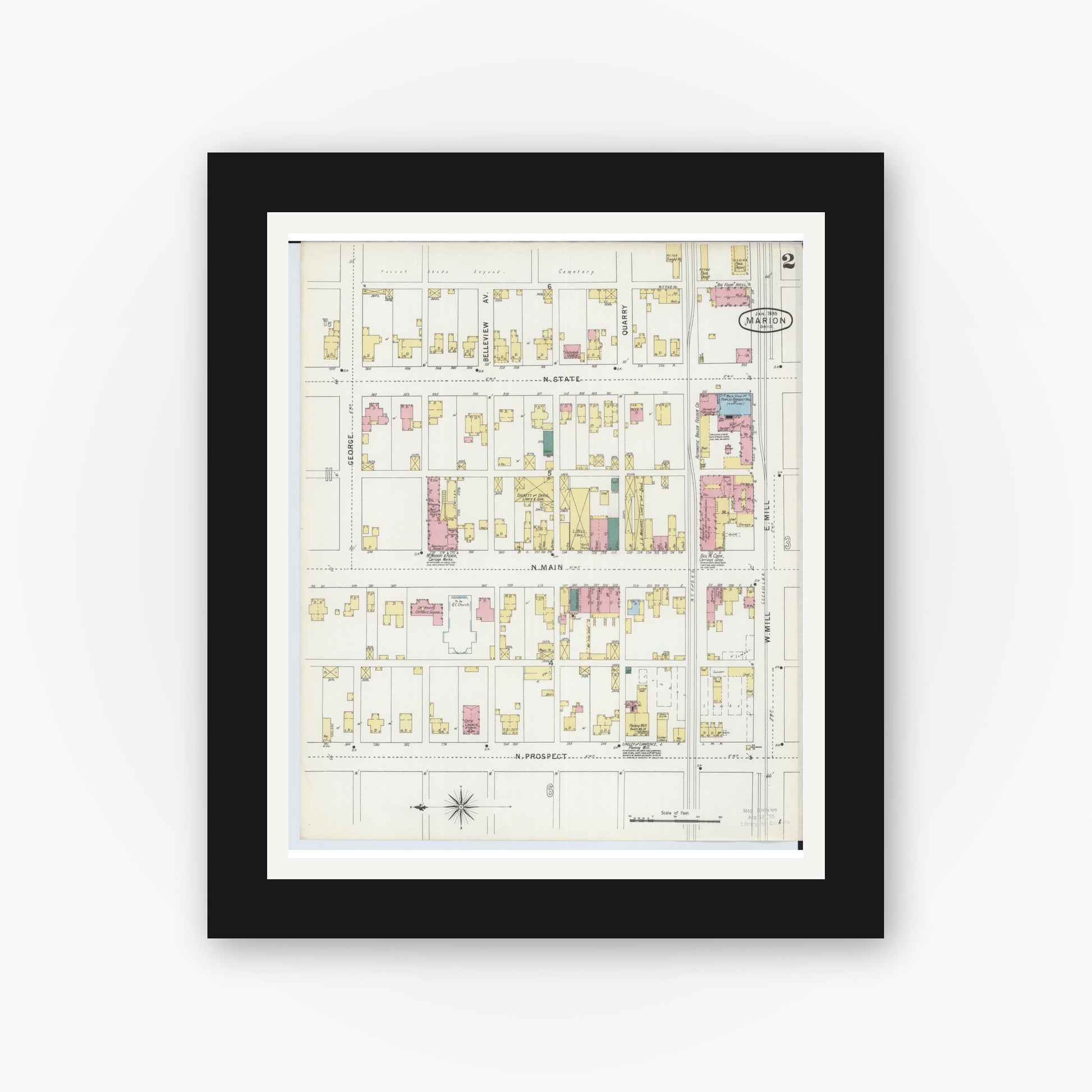 Old map wall art mockup — black gallery frame with white mat — Sanborn Fire Insurance Map from Marion, Marion County, Ohio (1895), Sheet #0002