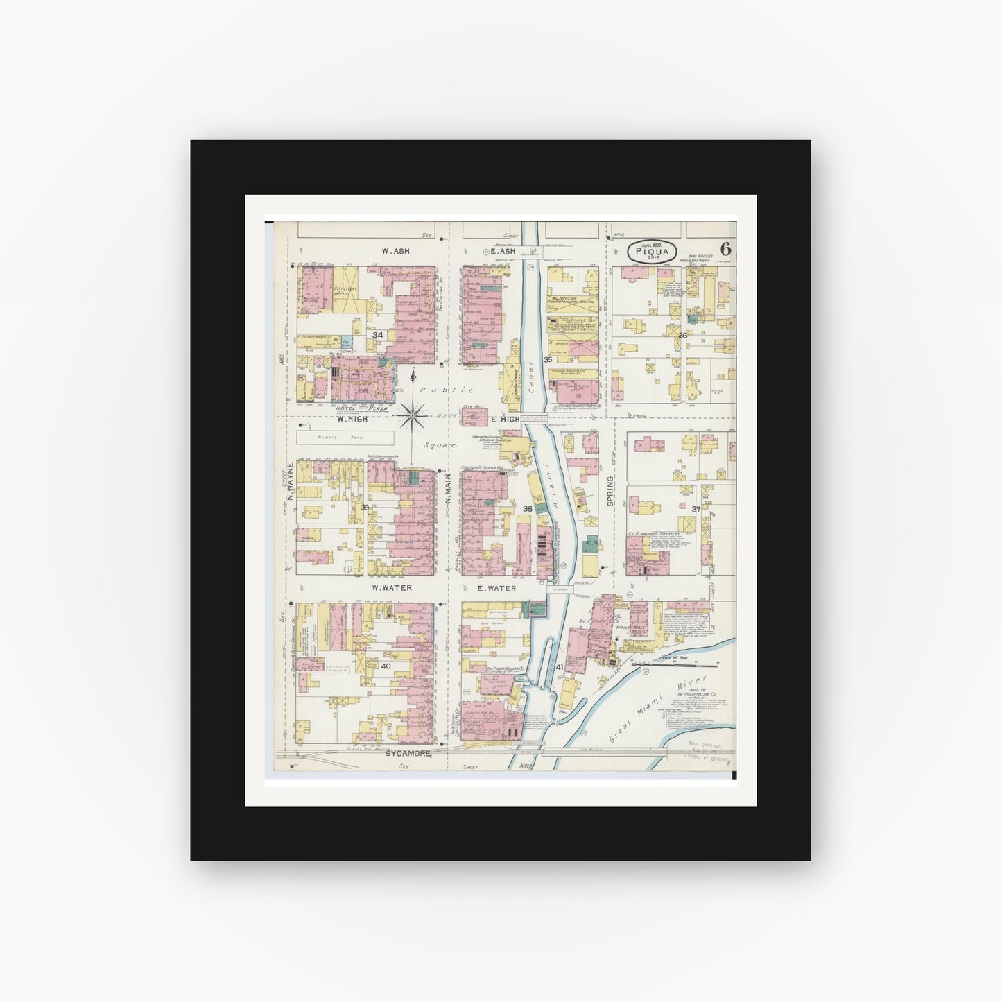 Old map wall art mockup — black gallery frame with white mat — Sanborn Fire Insurance Map from Piqua, Miami County, Ohio (1892), Sheet #0006