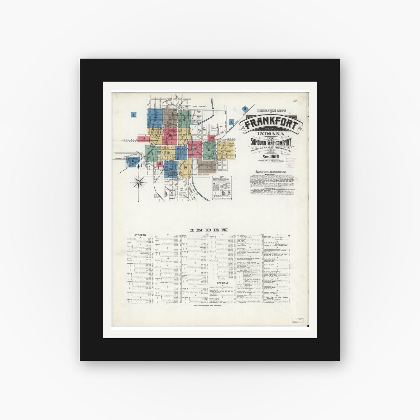 Old map wall art mockup — black gallery frame with white mat — Sanborn Fire Insurance Map from Frankfort, Clinton County, Indiana (1906) - Complete Map Set