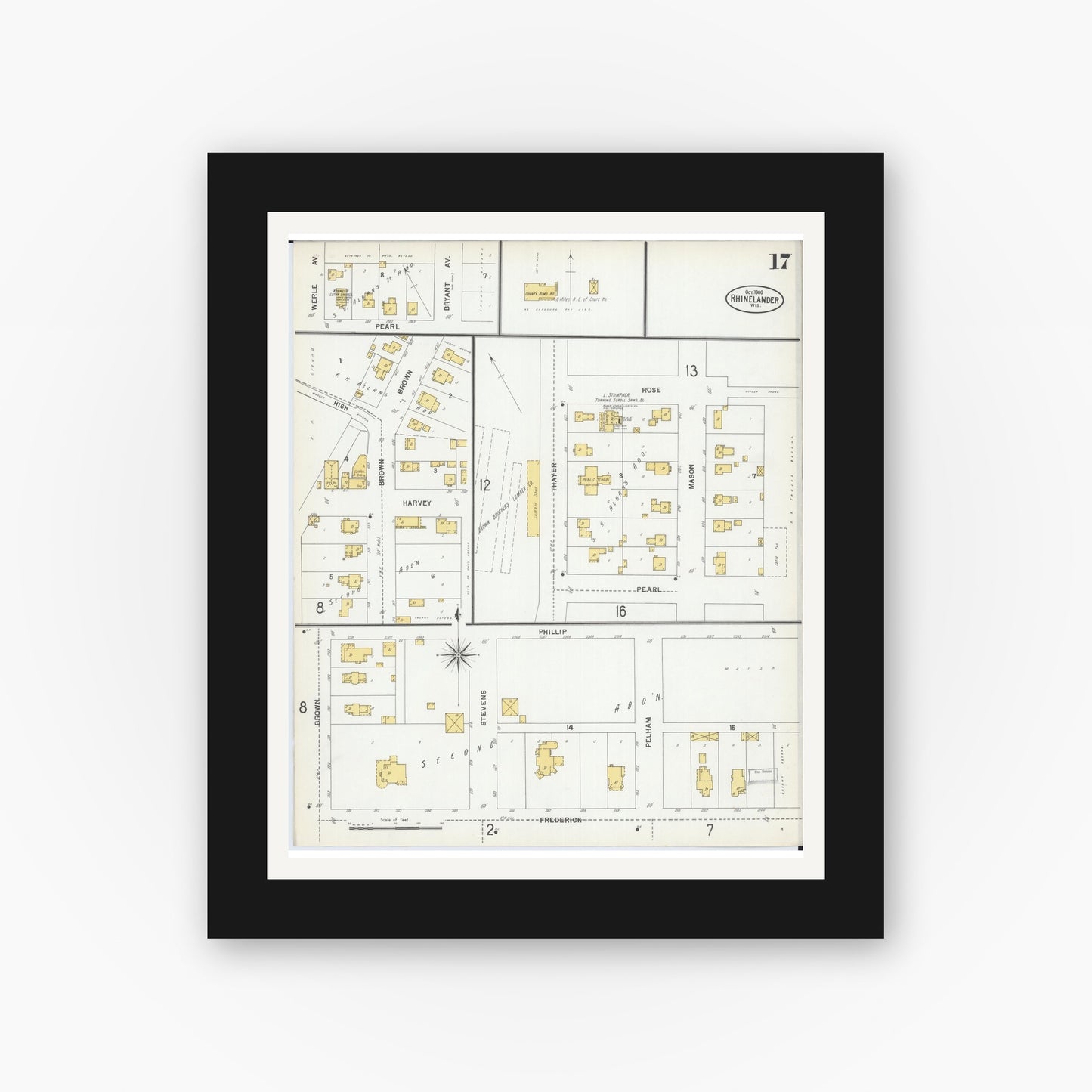 Old map wall art mockup — black gallery frame with white mat — Sanborn Fire Insurance Map from Rhinelander, Oneida County, Wisconsin (1900), Sheet #0017