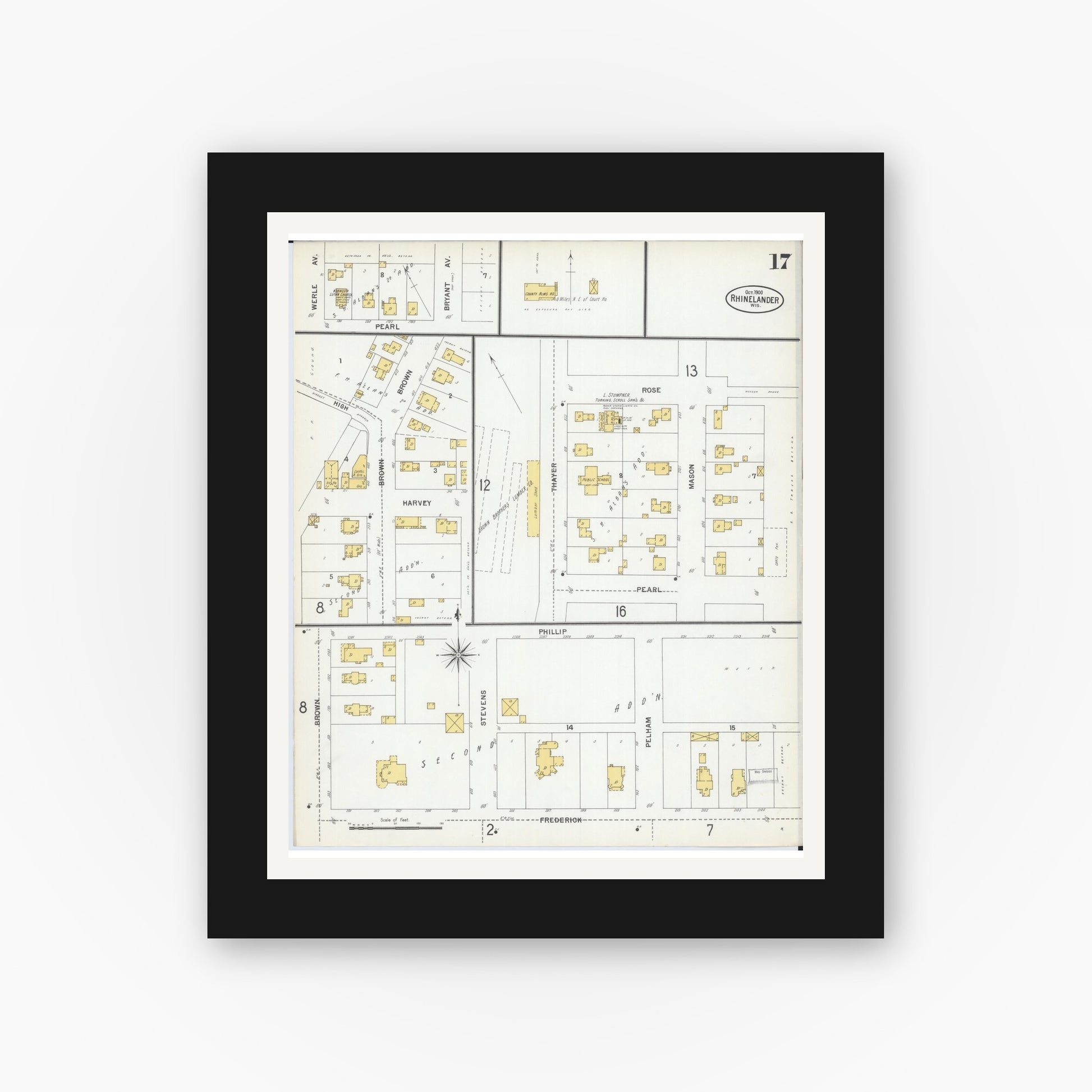 Old map wall art mockup — black gallery frame with white mat — Sanborn Fire Insurance Map from Rhinelander, Oneida County, Wisconsin (1900), Sheet #0017