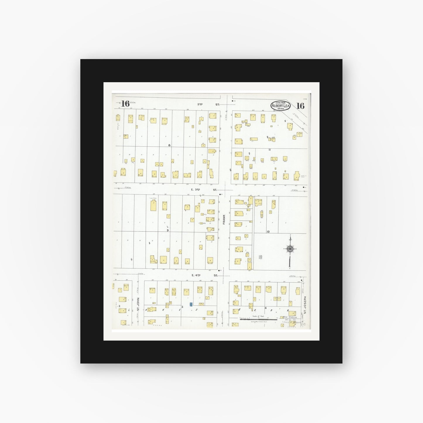 Old map wall art mockup — black gallery frame with white mat — Sanborn Fire Insurance Map from Albert Lea, Freeborn County, Minnesota (1926), Sheet #0016