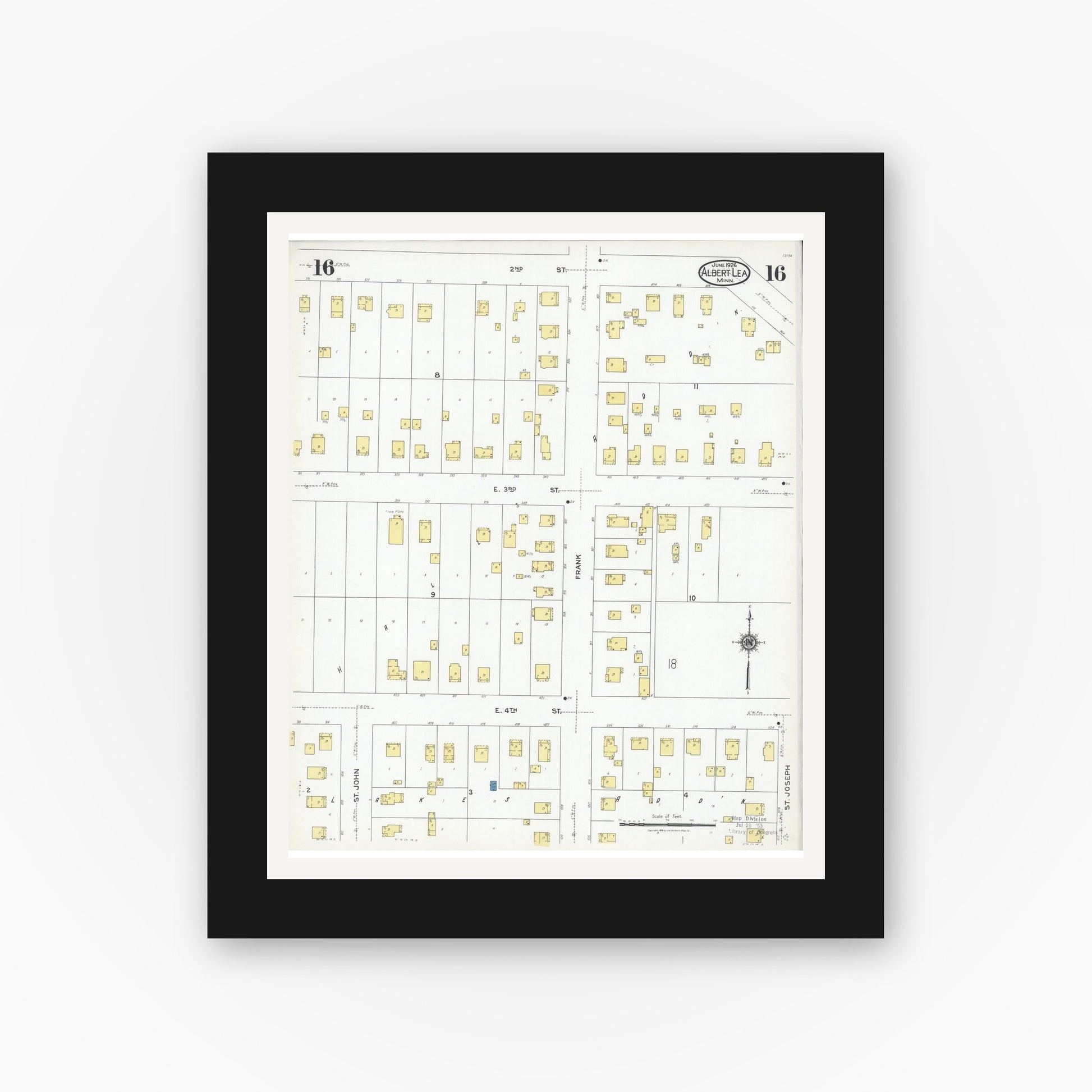 Old map wall art mockup — black gallery frame with white mat — Sanborn Fire Insurance Map from Albert Lea, Freeborn County, Minnesota (1926), Sheet #0016