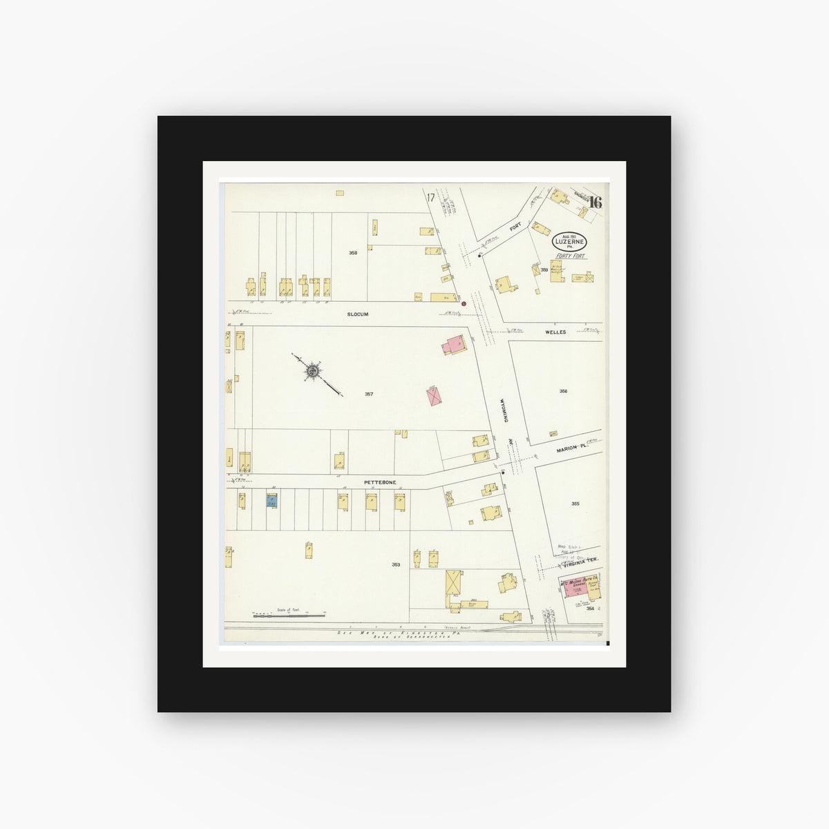 Old map wall art mockup — black gallery frame with white mat — Sanborn Fire Insurance Map from Luzerne, Luzerne County, Pennsylvania (1911), Sheet #0016
