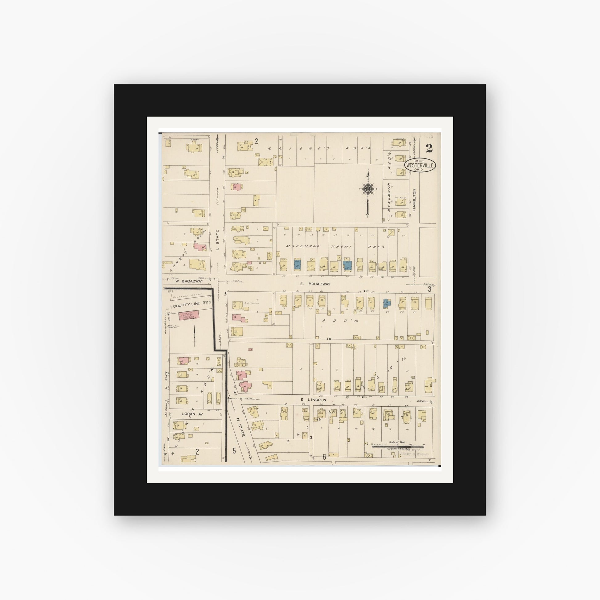 Old map wall art mockup — black gallery frame with white mat — Sanborn Fire Insurance Map from Westerville, Franklin County, Ohio (1922), Sheet #0002