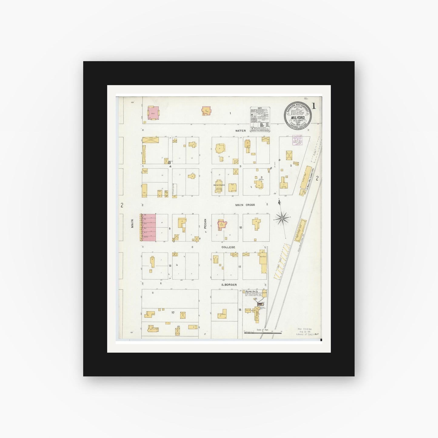 Old map wall art mockup — black gallery frame with white mat — Sanborn Fire Insurance Map from Milford, Ellis County, Texas (1905) - Complete Map Set