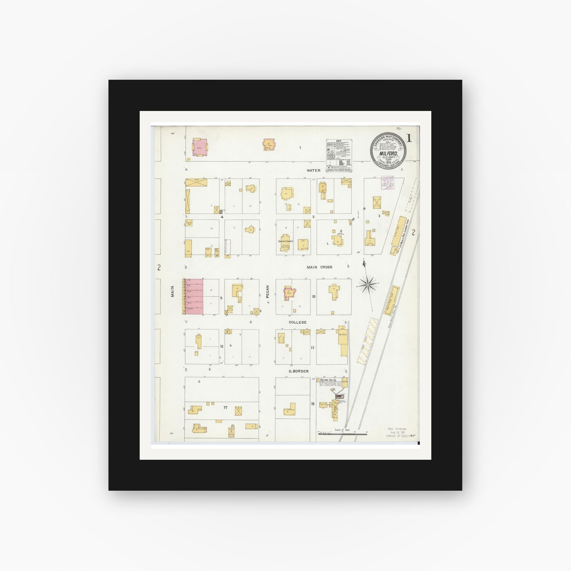 Old map wall art mockup — black gallery frame with white mat — Sanborn Fire Insurance Map from Milford, Ellis County, Texas (1905) - Complete Map Set