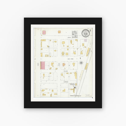 Old map wall art mockup — black gallery frame with white mat — Sanborn Fire Insurance Map from Milford, Ellis County, Texas (1905) - Complete Map Set