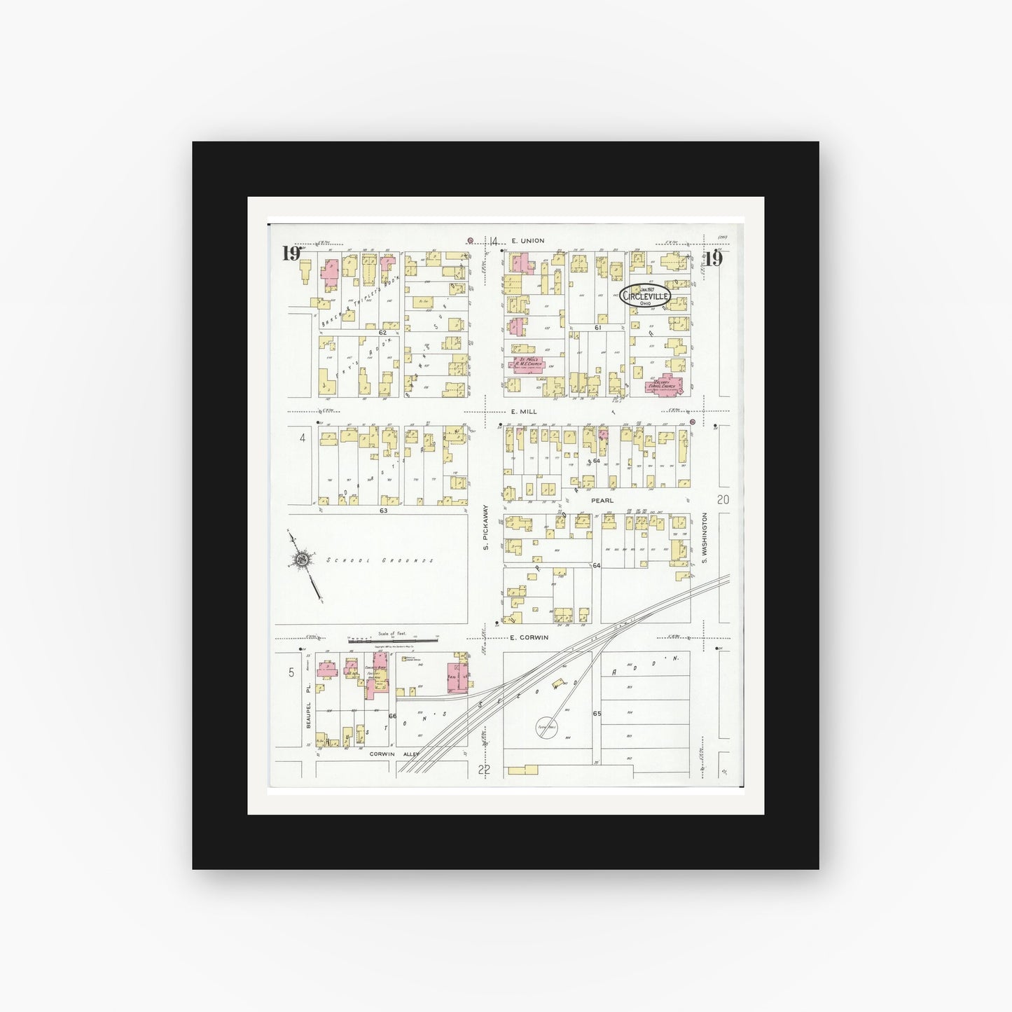 Old map wall art mockup — black gallery frame with white mat — Sanborn Fire Insurance Map from Circleville, Pickaway County, Ohio (1927), Sheet #0019