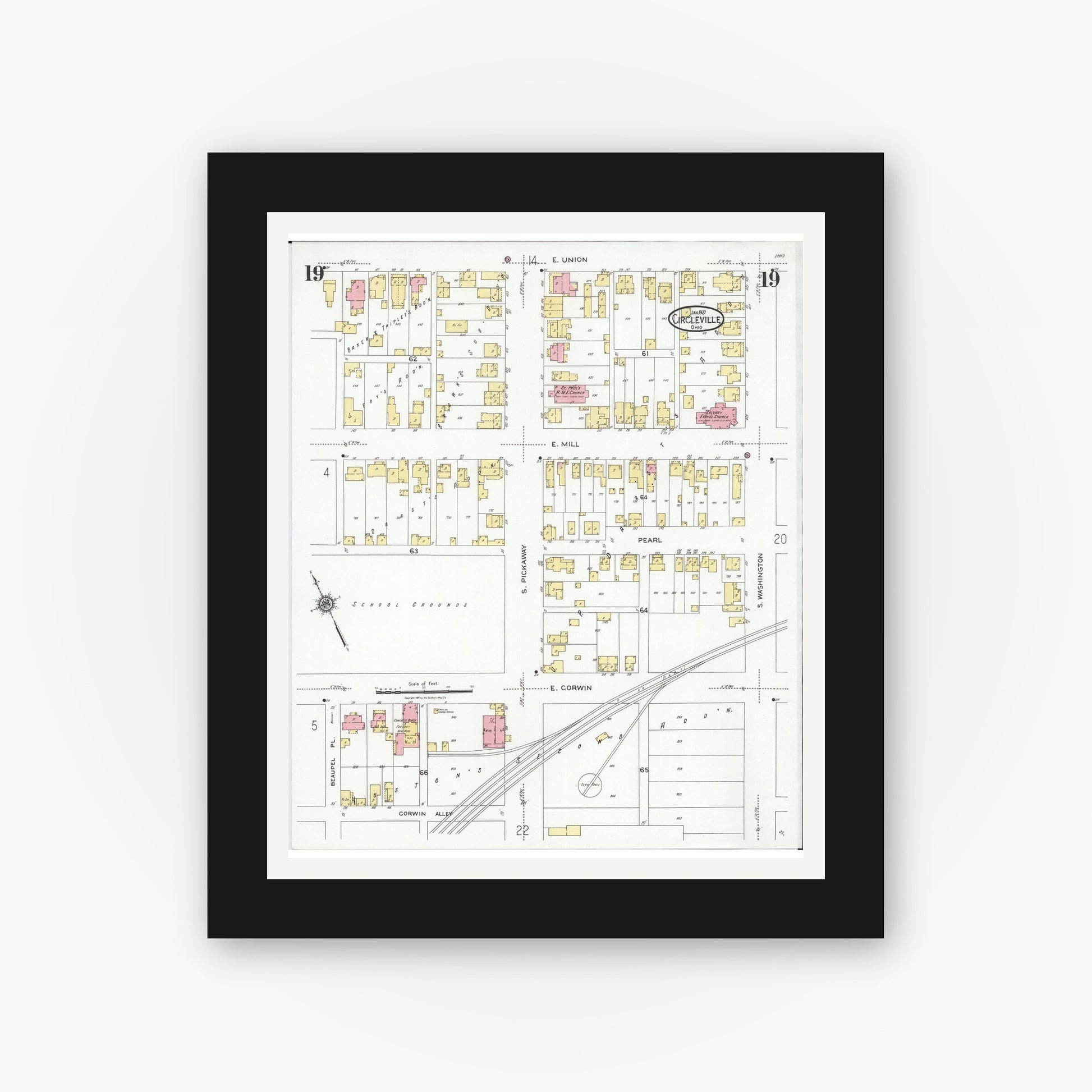 Old map wall art mockup — black gallery frame with white mat — Sanborn Fire Insurance Map from Circleville, Pickaway County, Ohio (1927), Sheet #0019