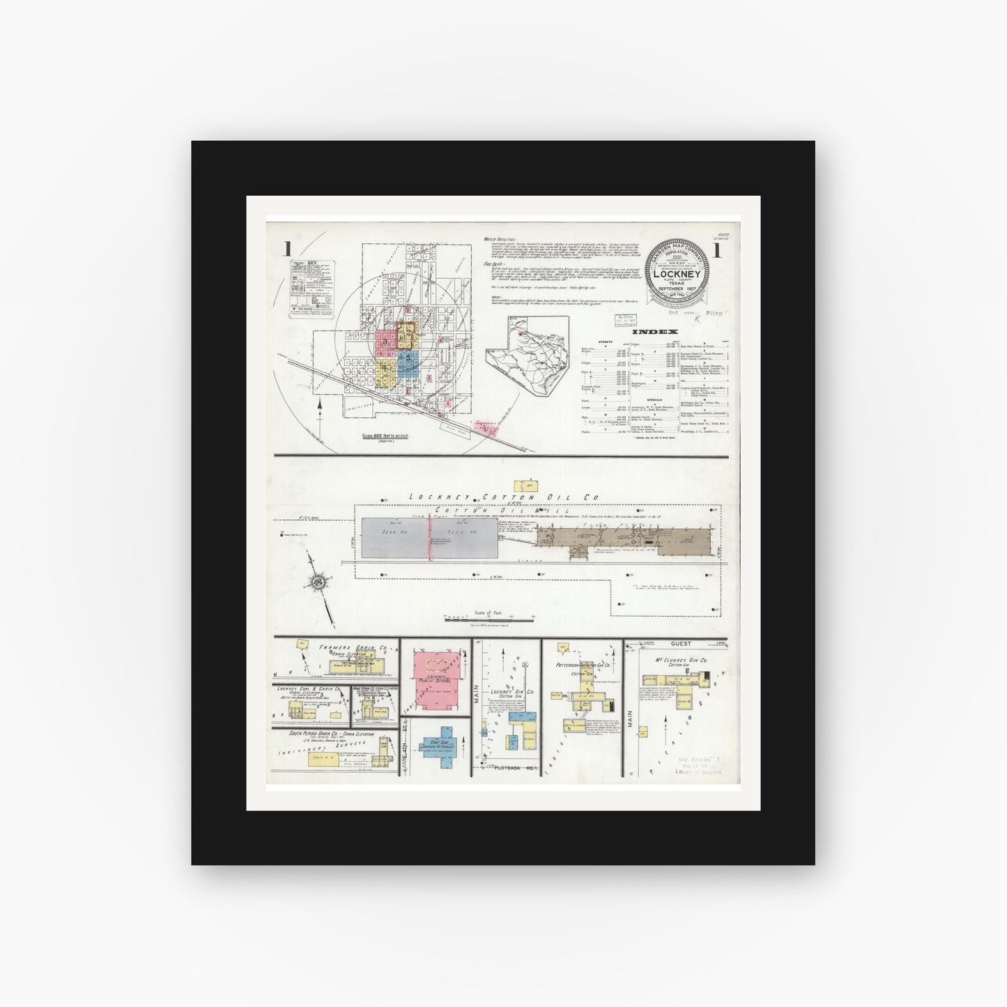 Old map wall art mockup — black gallery frame with white mat — Sanborn Fire Insurance Map from Lockney, Floyd County, Texas (1927), Sheet #0001
