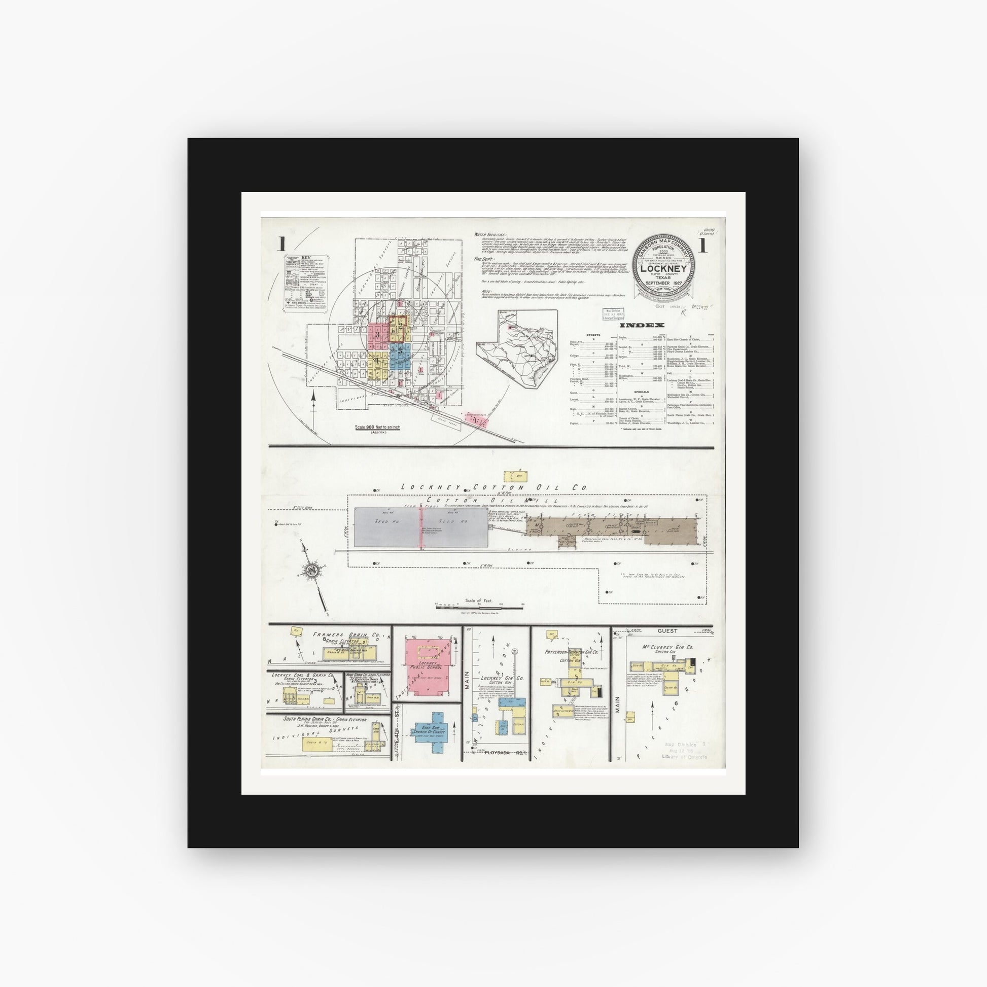 Old map wall art mockup — black gallery frame with white mat — Sanborn Fire Insurance Map from Lockney, Floyd County, Texas (1927), Sheet #0001