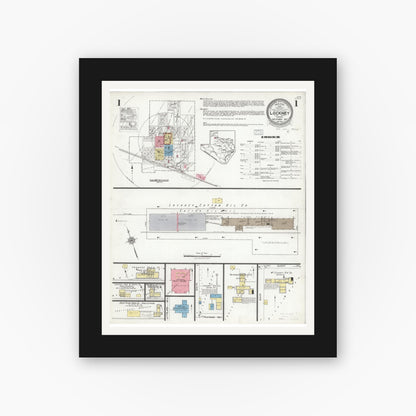 Old map wall art mockup — black gallery frame with white mat — Sanborn Fire Insurance Map from Lockney, Floyd County, Texas (1927), Sheet #0001