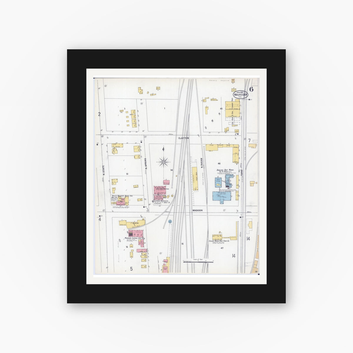 Old map wall art mockup — black gallery frame with white mat — Sanborn Fire Insurance Map from Waukegan, Lake County, Illinois (1900), Sheet #0006