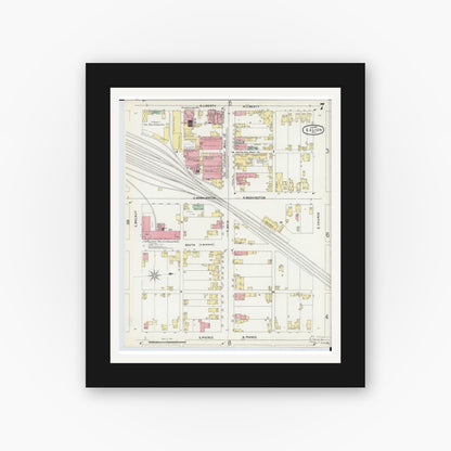 Old map wall art mockup — black gallery frame with white mat — Sanborn Fire Insurance Map from Galion, Crawford County, Ohio (1897), Sheet #0007
