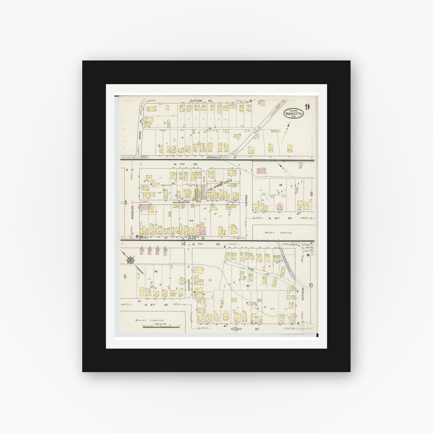 Old map wall art mockup — black gallery frame with white mat — Sanborn Fire Insurance Map from Marietta, Washington County, Ohio (1915), Sheet #0009
