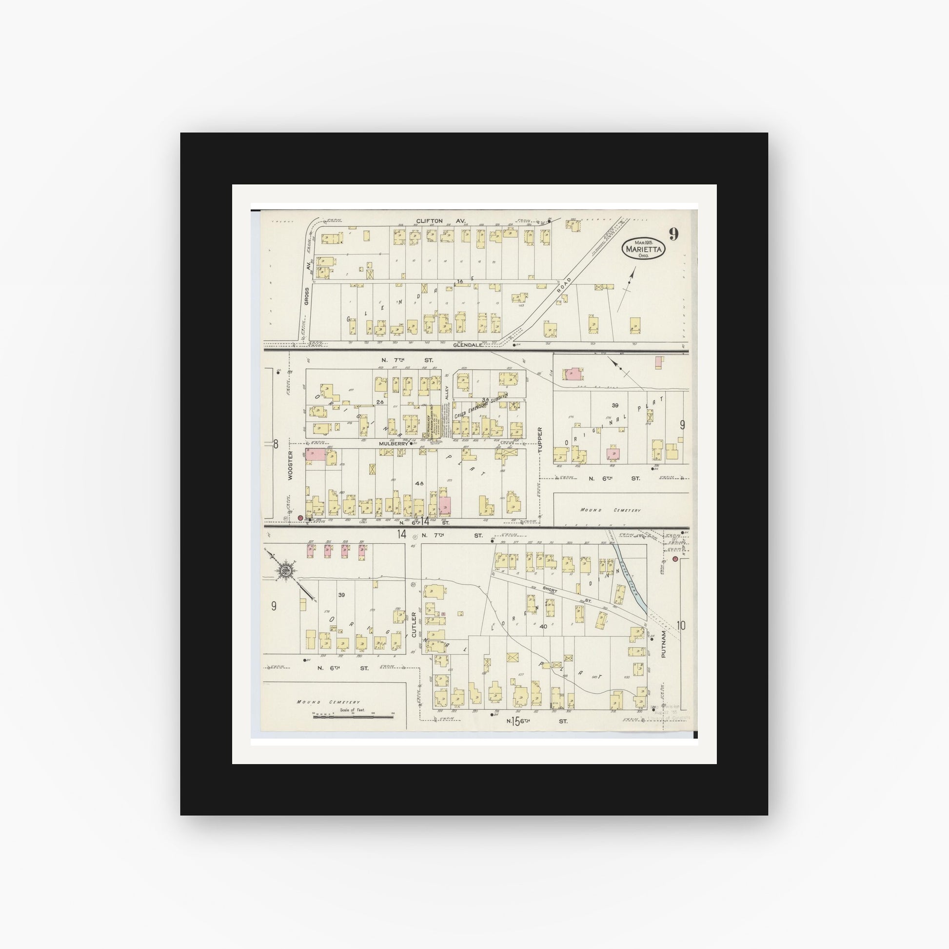 Old map wall art mockup — black gallery frame with white mat — Sanborn Fire Insurance Map from Marietta, Washington County, Ohio (1915), Sheet #0009