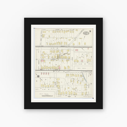Old map wall art mockup — black gallery frame with white mat — Sanborn Fire Insurance Map from Marietta, Washington County, Ohio (1915), Sheet #0009