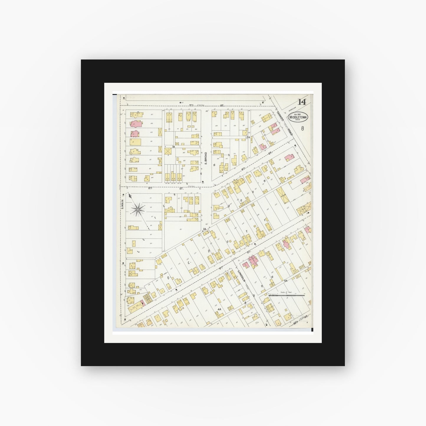 Old map wall art mockup — black gallery frame with white mat — Sanborn Fire Insurance Map from Middletown, Butler County, Ohio (1901), Sheet #0014