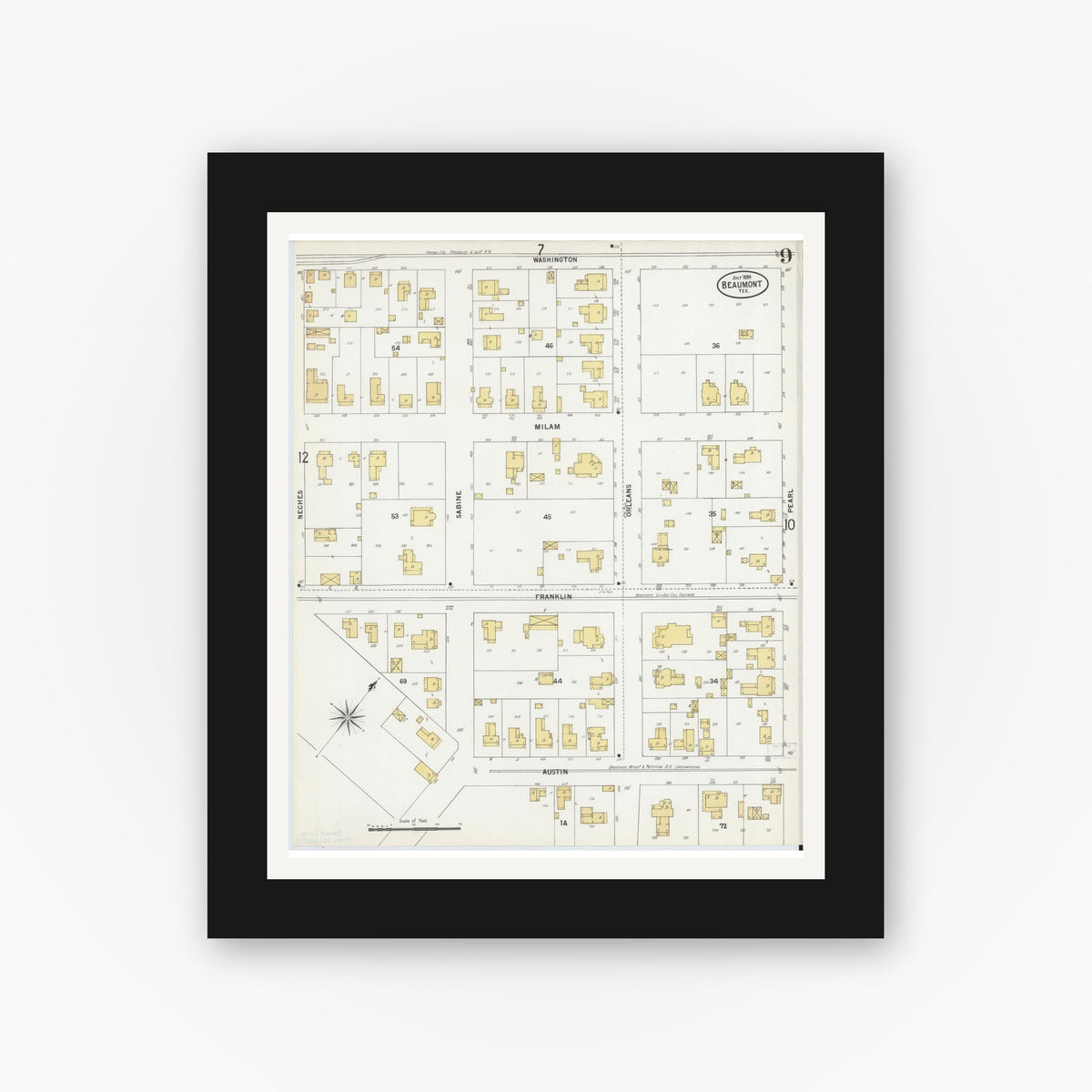 Old map wall art mockup — black gallery frame with white mat — Sanborn Fire Insurance Map from Beaumont, Jefferson County, Texas (1899), Sheet #0009