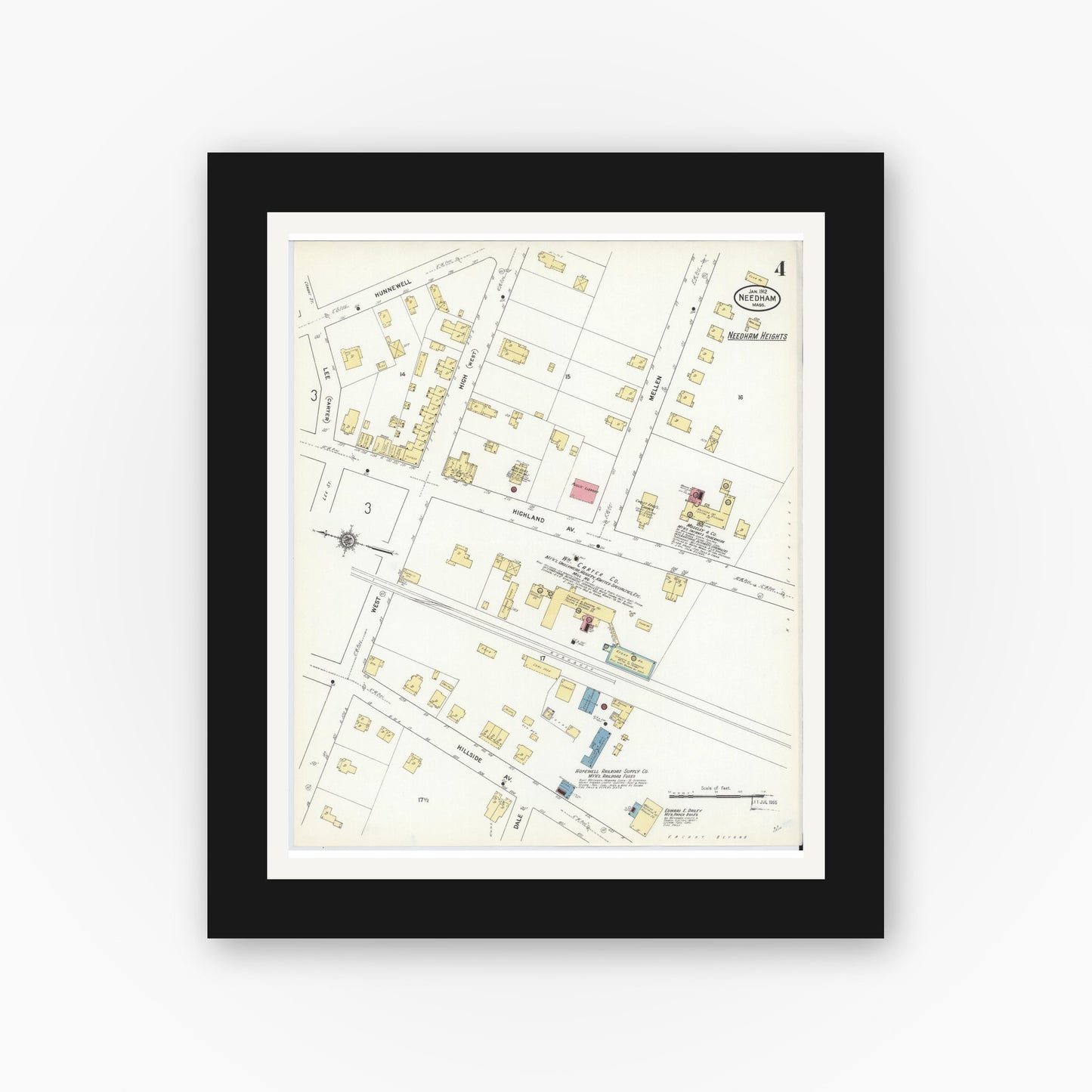 Old map wall art mockup — black gallery frame with white mat — Sanborn Fire Insurance Map from Needham, Norfolk County, Massachusetts (1912), Sheet #0004