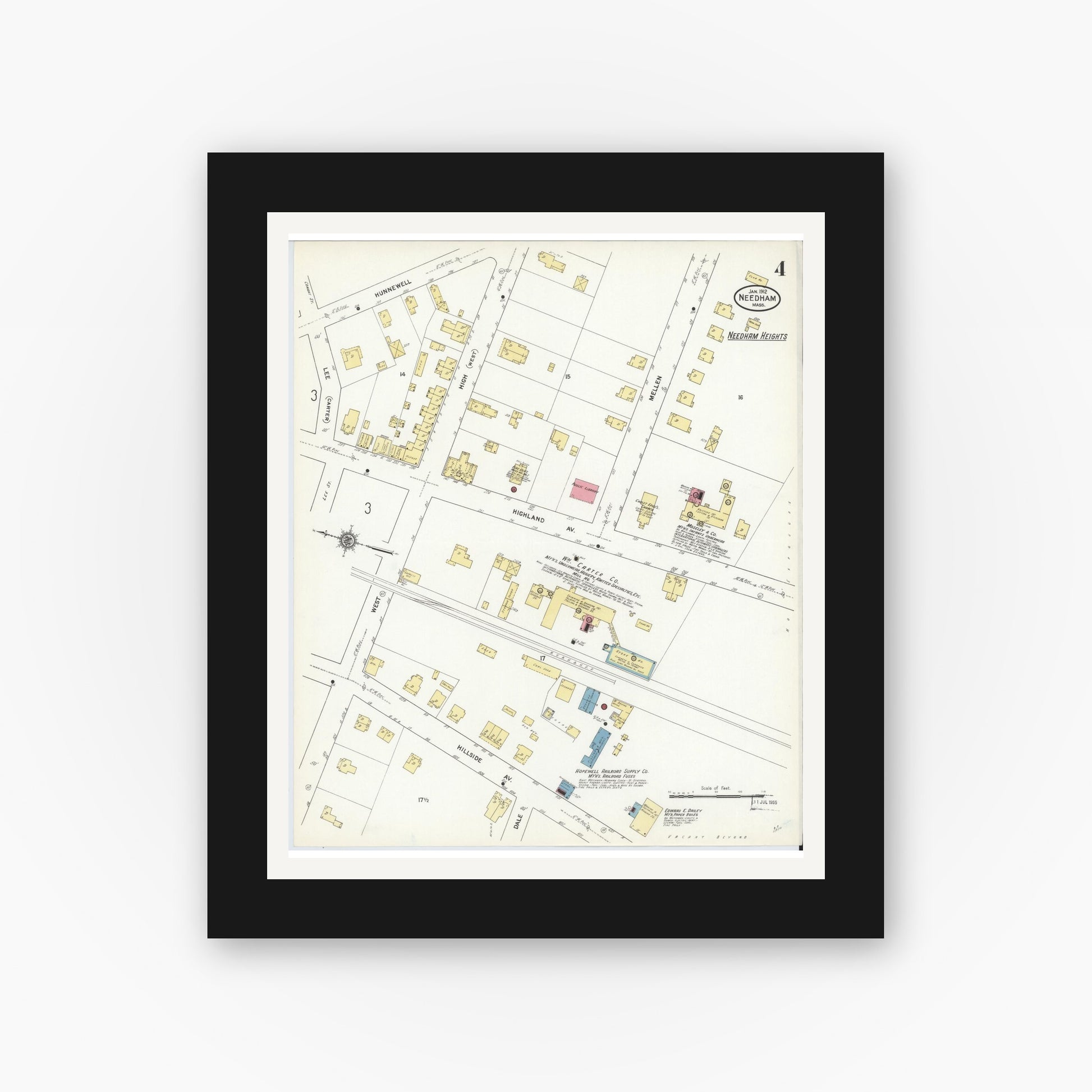 Old map wall art mockup — black gallery frame with white mat — Sanborn Fire Insurance Map from Needham, Norfolk County, Massachusetts (1912), Sheet #0004