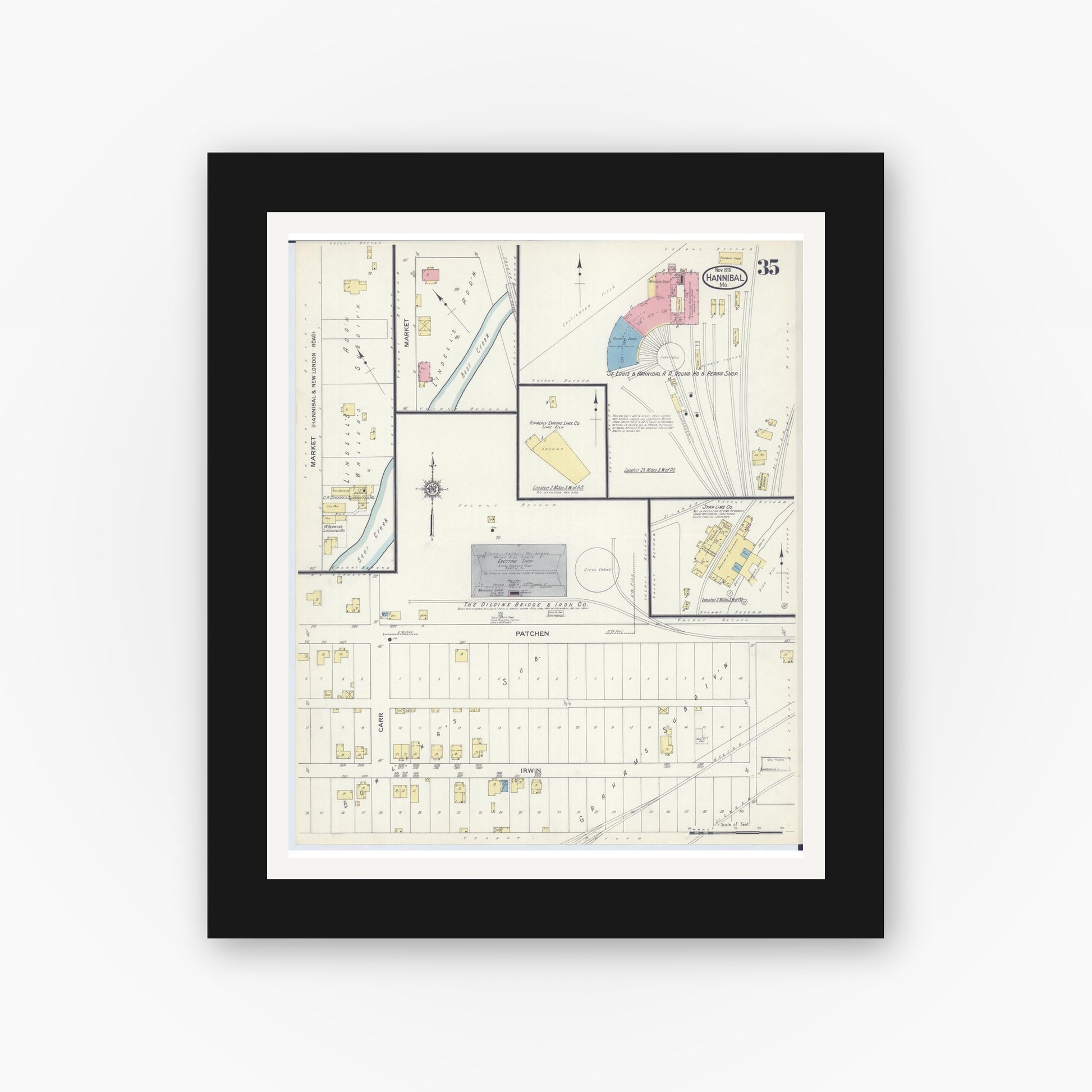 Old map wall art mockup — black gallery frame with white mat — Sanborn Fire Insurance Map from Hannibal, Marion County, Missouri (1913), Sheet #0035