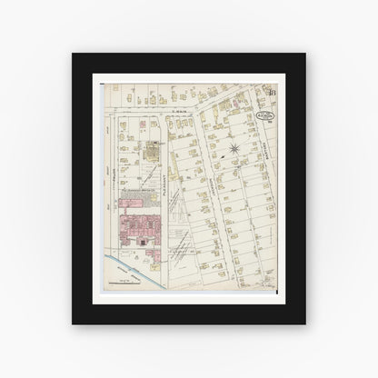 Old map wall art mockup — black gallery frame with white mat — Sanborn Fire Insurance Map from Akron, Summit County, Ohio (1886), Sheet #0018