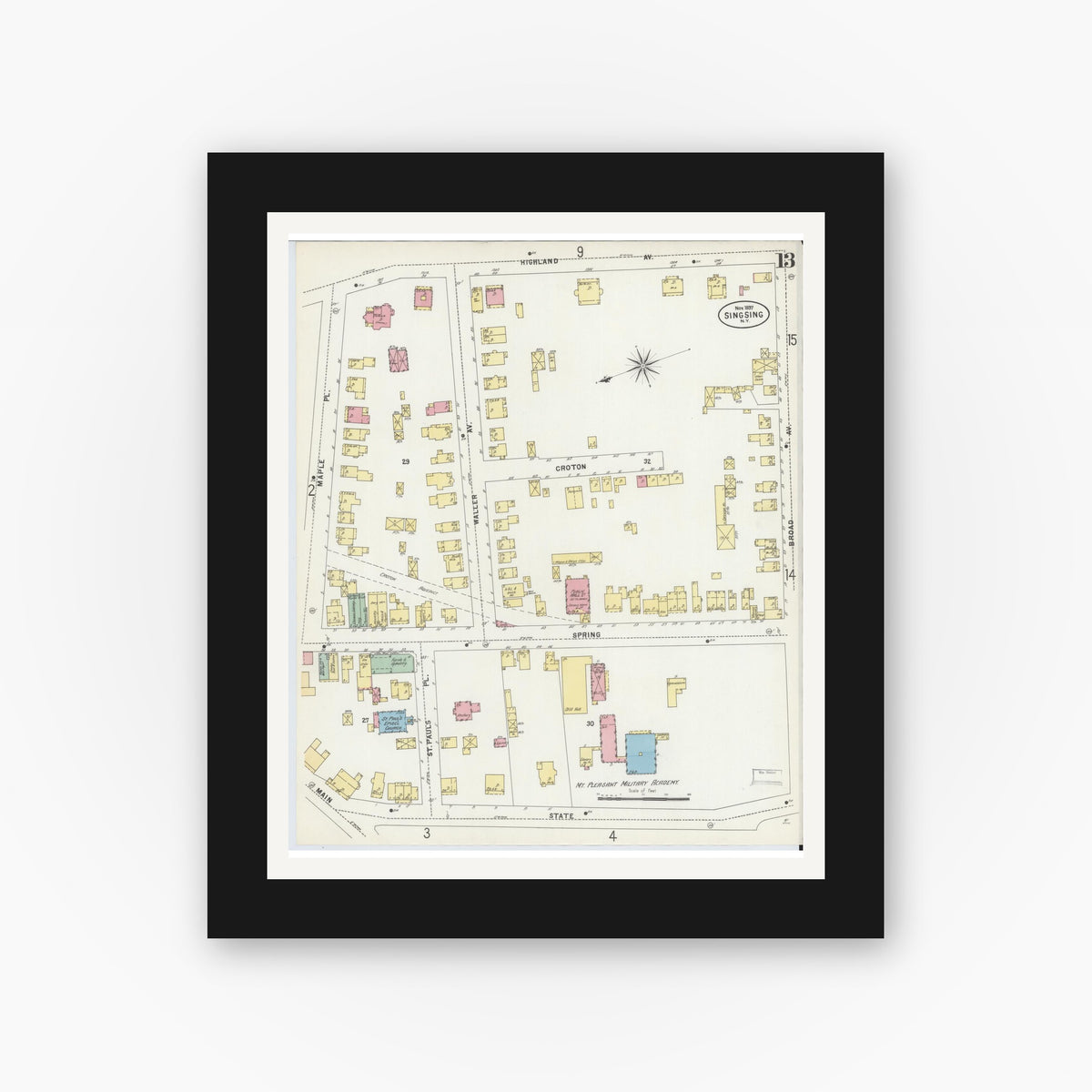 Old map wall art mockup — black gallery frame with white mat — Sanborn Fire Insurance Map from Sing Sing, Westchester County, New York (1897), Sheet #0013