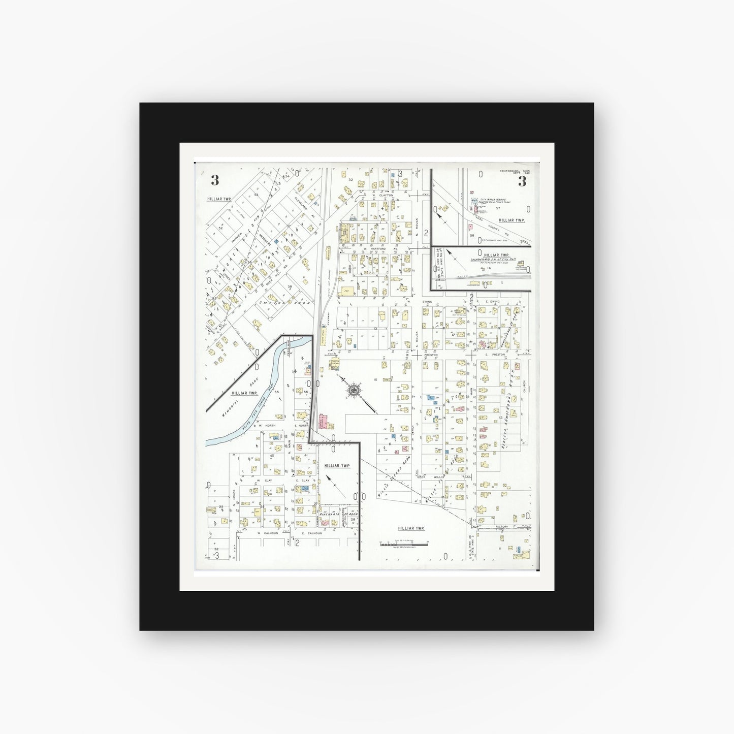Old map wall art mockup — black gallery frame with white mat — Sanborn Fire Insurance Map from Centerburg, Knox County, Ohio (1949), Sheet #0003