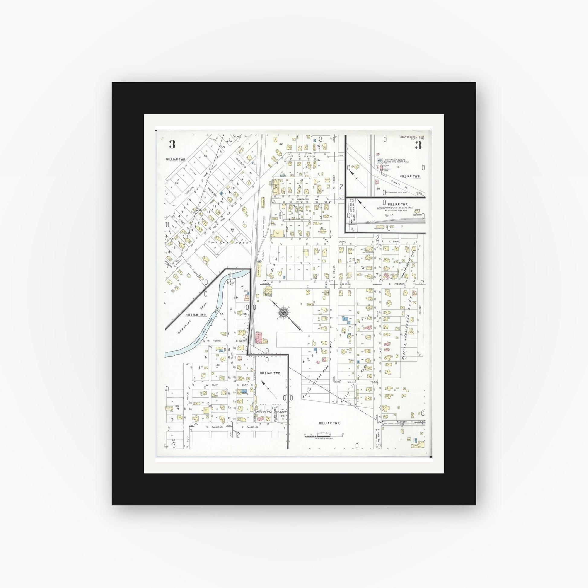 Old map wall art mockup — black gallery frame with white mat — Sanborn Fire Insurance Map from Centerburg, Knox County, Ohio (1949), Sheet #0003