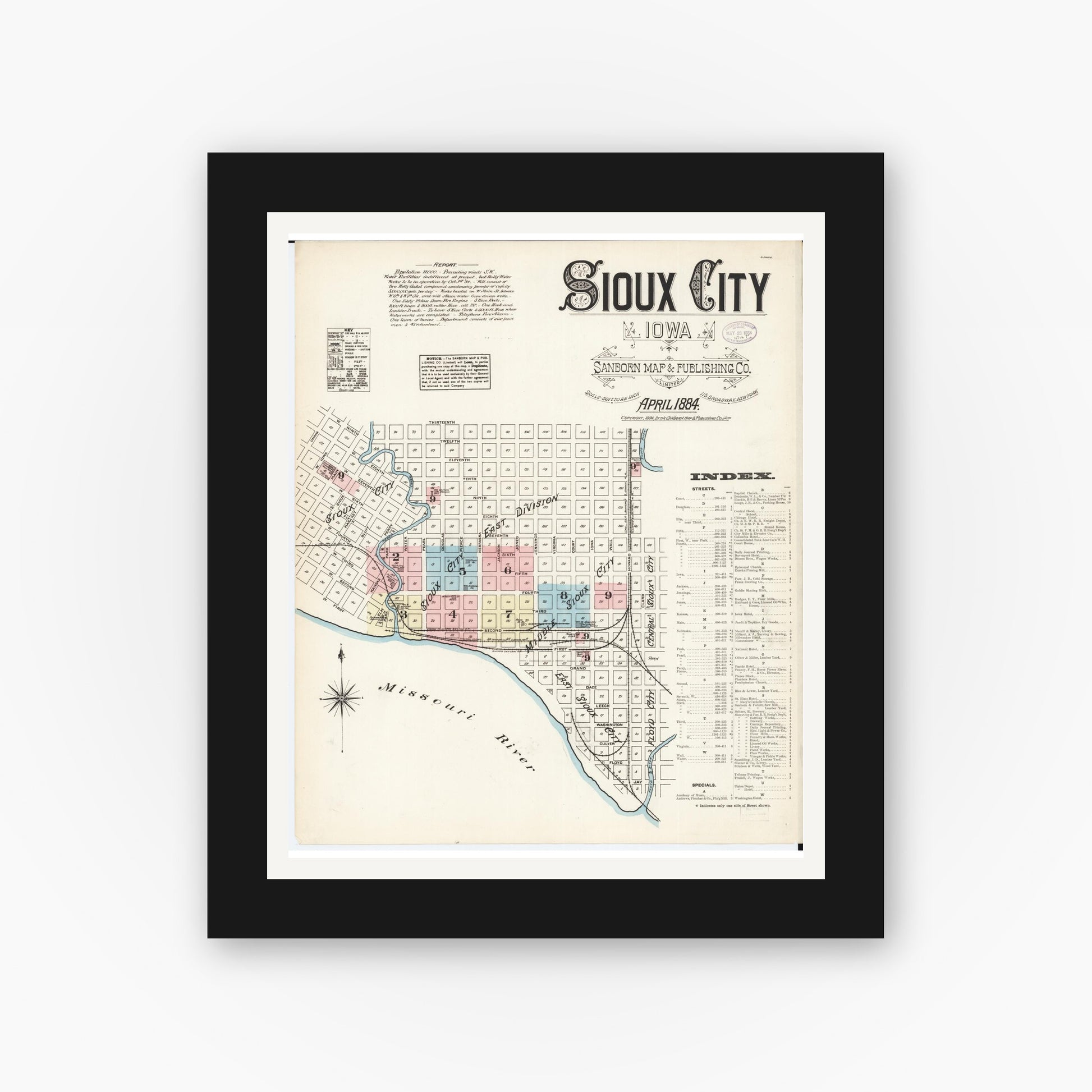 Old map wall art mockup — black gallery frame with white mat — Sanborn Fire Insurance Map from Sioux City, Woodbury County, Iowa (1884), Sheet #0001