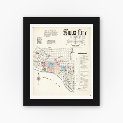 Old map wall art mockup — black gallery frame with white mat — Sanborn Fire Insurance Map from Sioux City, Woodbury County, Iowa (1884), Sheet #0001