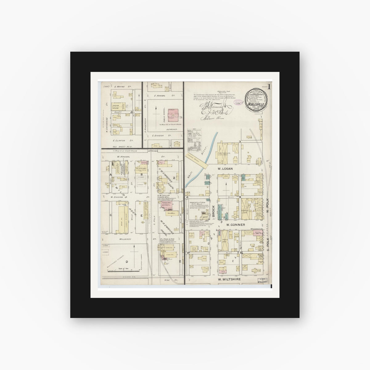 Old map wall art mockup — black gallery frame with white mat — Sanborn Fire Insurance Map from Noblesville, Hamilton County, Indiana (1887) - Complete Map Set