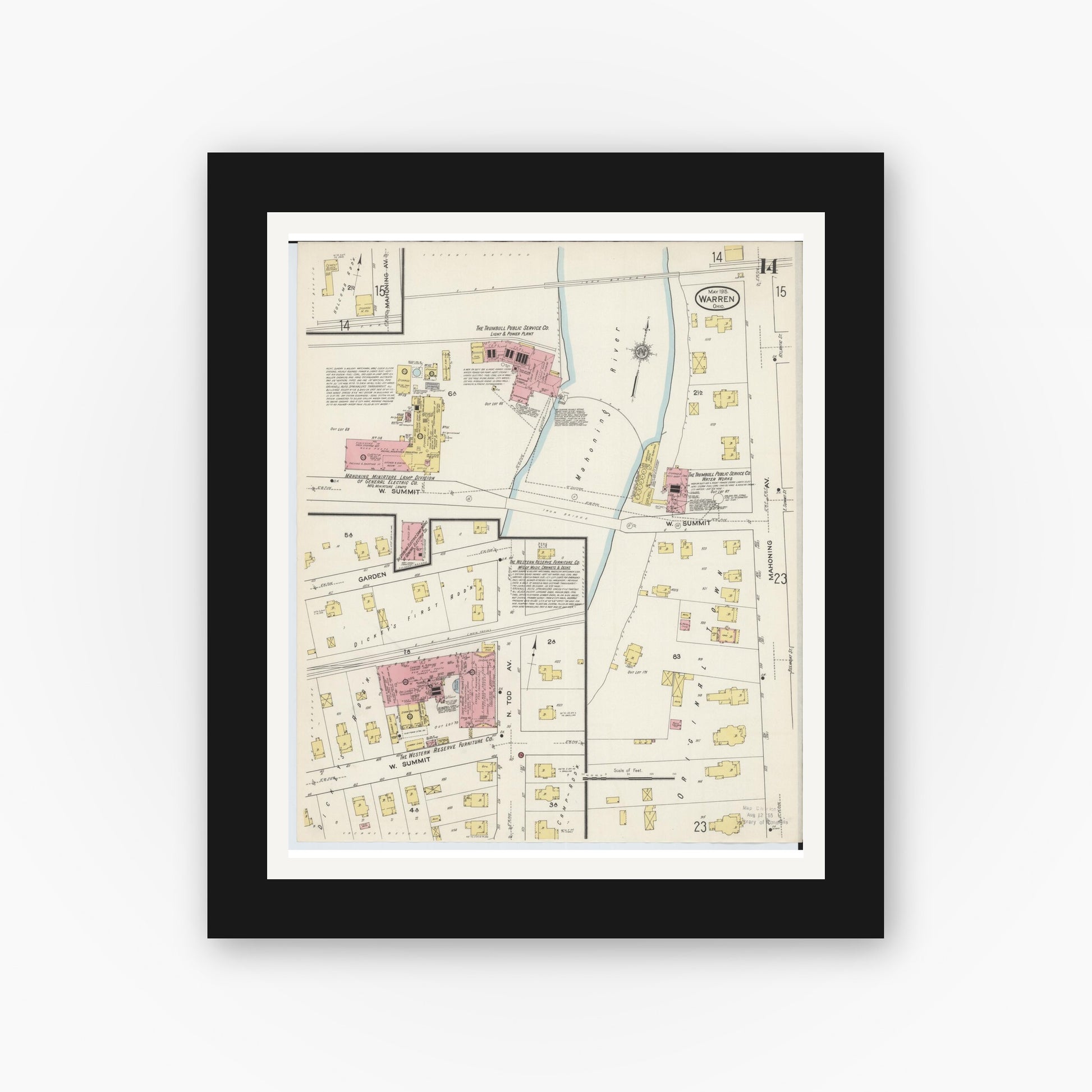 Old map wall art mockup — black gallery frame with white mat — Sanborn Fire Insurance Map from Warren, Trumbull County, Ohio (1915), Sheet #0014