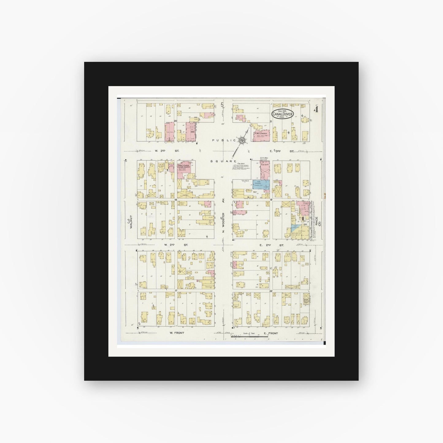 Old map wall art mockup — black gallery frame with white mat — Sanborn Fire Insurance Map from Canal Dover, Tuscarawas County, Ohio (1914), Sheet #0004