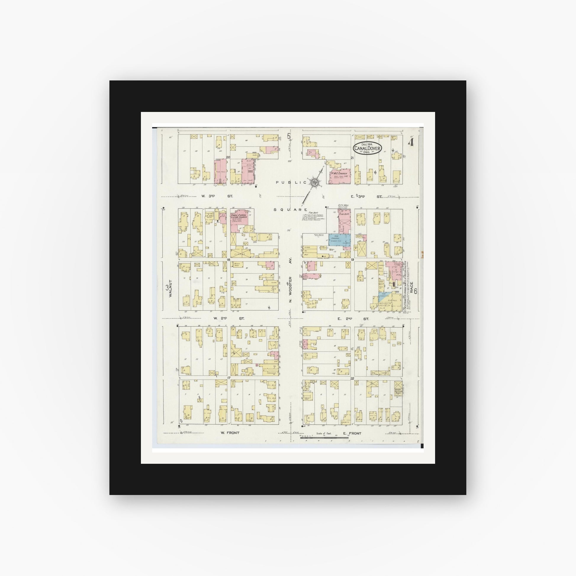Old map wall art mockup — black gallery frame with white mat — Sanborn Fire Insurance Map from Canal Dover, Tuscarawas County, Ohio (1914), Sheet #0004