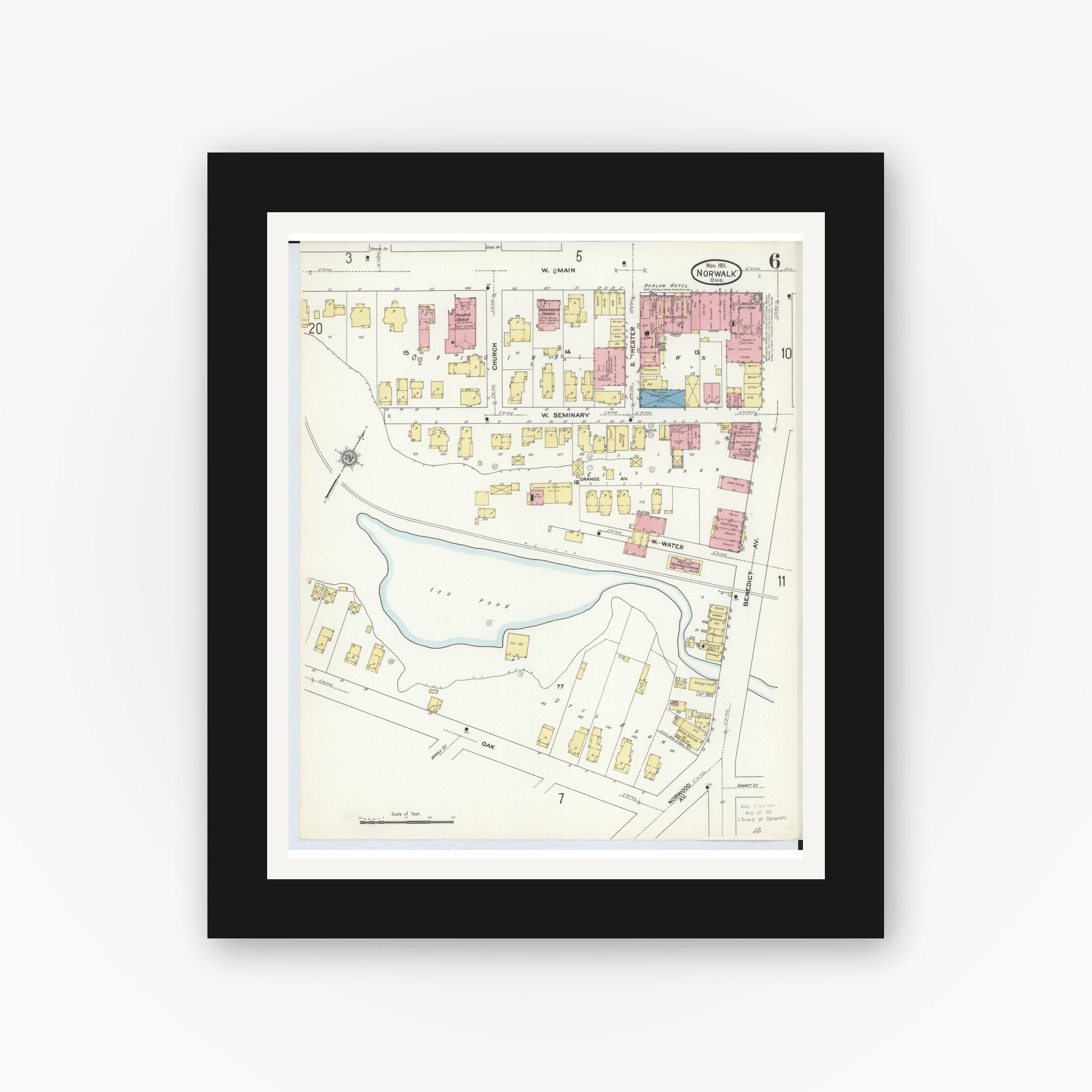 Old map wall art mockup — black gallery frame with white mat — Sanborn Fire Insurance Map from Norwalk, Huron County, Ohio (1911), Sheet #0006