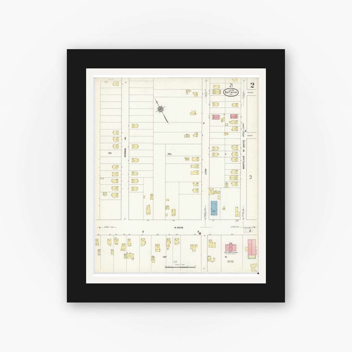 Old map wall art mockup — black gallery frame with white mat — Sanborn Fire Insurance Map from Batavia, Genesee County, New York (1912) - Complete Map Set