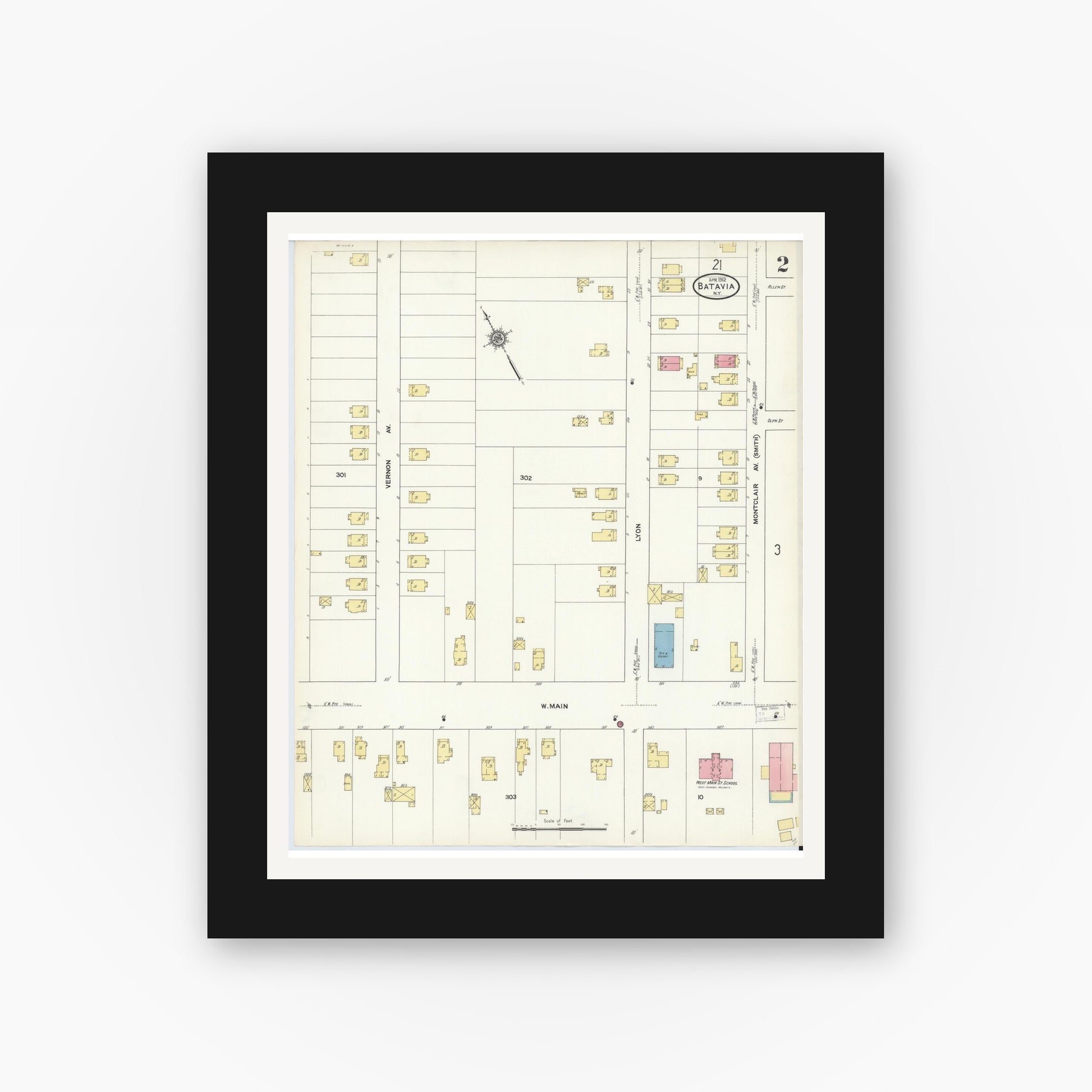 Old map wall art mockup — black gallery frame with white mat — Sanborn Fire Insurance Map from Batavia, Genesee County, New York (1912) - Complete Map Set